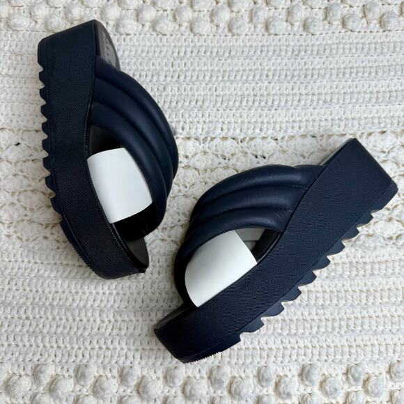 SOREL Womens 8.5 Cameron Puff Platform Slide Sandal Leather Black White Flatform - Picture 8 of 10